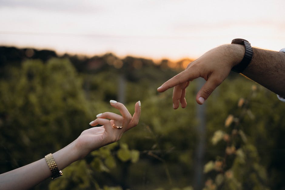 A couple holding hands in a vineyard